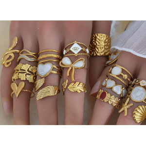 不锈钢树叶戒指女士个性嘻哈18K镀金花朵钛钢戒