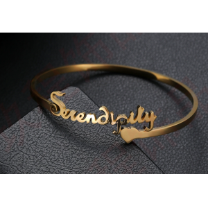 时尚不锈钢3mm爱心圆形名字手镯电镀18K金字母手镯