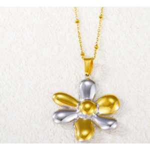 不锈钢项链双色花朵珍珠吊坠小众设计高级感百搭气质